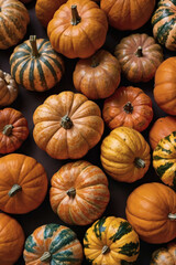 Assortment of pumpkins in various colors and patterns for autumn decoration