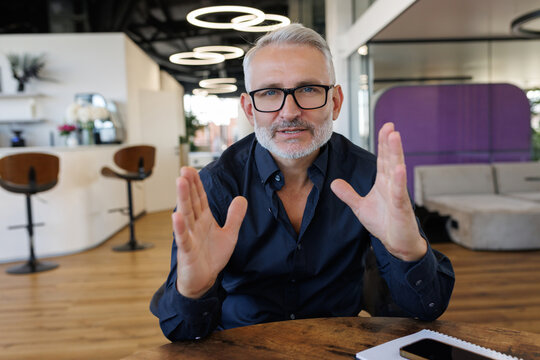Mature businessman gesturing with hands while explaining concepts in office