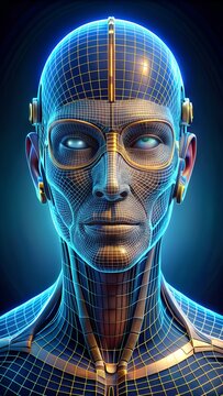 Closeup portrait of a futuristic cyborg face with glowing blue eyes and intricate digital circuitry