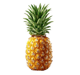 Close-up of a pineapple, vibrant yellow skin, and bright green crown of leaves