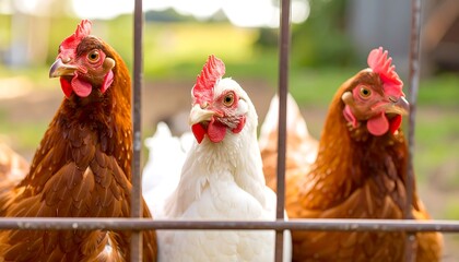 Fototapeta premium Close-up of three chickens behind a metal fence; one white and two brown. Green background