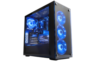 A computer case, featuring blue LED lighting, and transparent panels