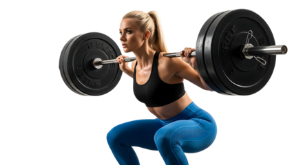 Woman performing a heavy barbell squat with excellent form, building strength and muscle definition in a gym setting