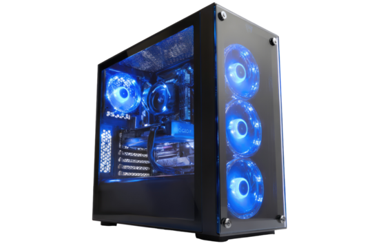 A computer case, featuring blue LED lighting, and transparent panels