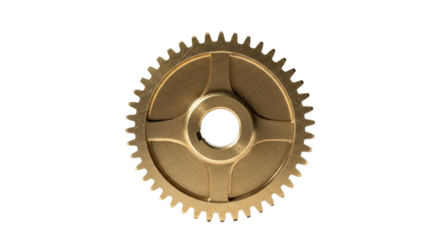 Close-up of a golden gear with intricate teeth and a central hole.