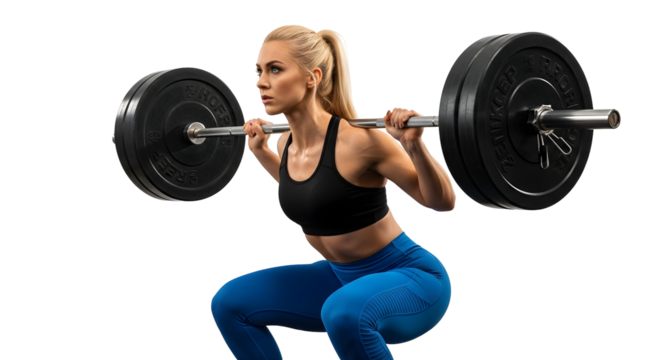 Fit woman performing a barbell squat exercise, building strength and muscle tone in a gym setting