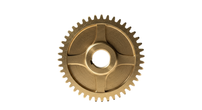 Close-up of a golden gear with intricate teeth and a central hole.