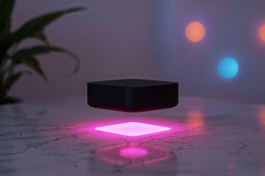 Sleek black squarish smart home device levitating with pink glow technology