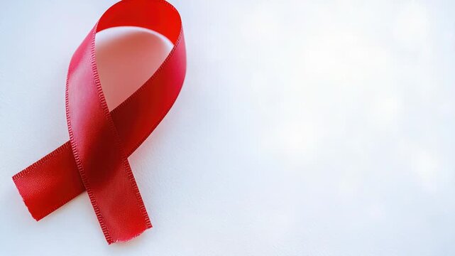 A single red ribbon lying flat on a white surface