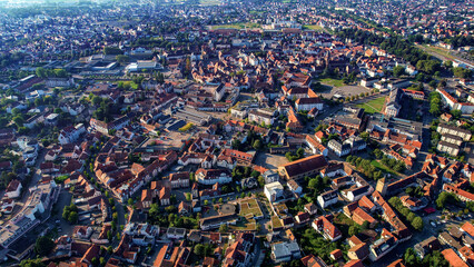 An aerial panorama view around the old town in the city Haguenau in France on a sunny afternoon in early spring
