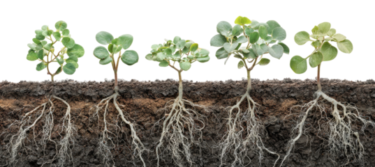 Successive growth stages of plants, showing roots and above-ground foliage
