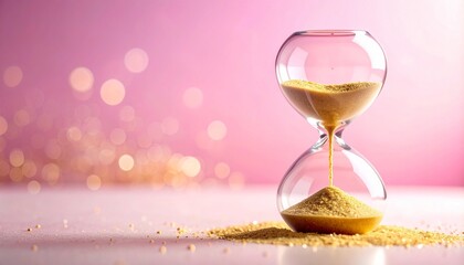 Dreamy Hourglass with Golden Sand on Baby Pink Gradient with Bokeh