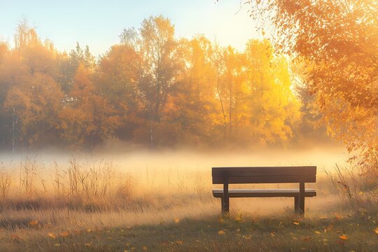 Serene autumn bench in misty golden forest bathed in soft sunlight peaceful fall landscape