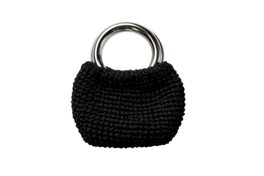 Small, round, black crocheted bag with metal ring handle