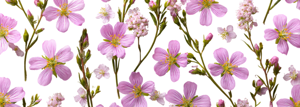 Close-up view of numerous small, light pink flowers.  Each flower has a defined, outlined shape and many are clustered closely together on stems.  Green stems and buds are visible throughout