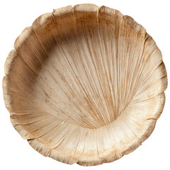 Top-down view of a shallow, round, light beige bowl made from natural fibers.  The fibers radiate outward from a central point, creating a ribbed, textured surface.  The bowl appears empty