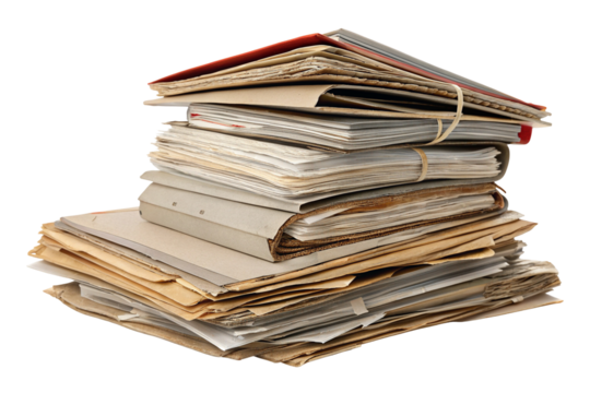 Stack of vintage files and documents with yellowing paper representing office archiving and storage
