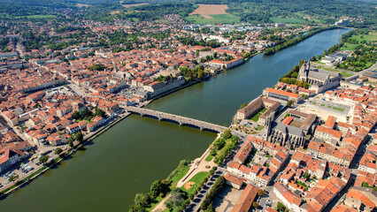 An aerial panorama view around the old town in the city Pont-à-Mousson in France on a sunny afternoon in early spring