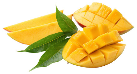Fresh ripe mango slices with green leaves on white background for healthy tropical fruit concepts