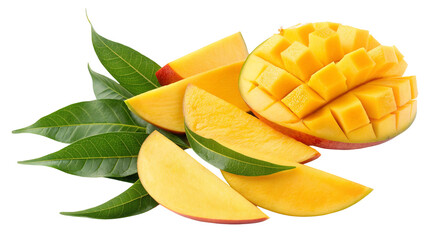 Fresh mango slices and cubes with vibrant green leaves for tropical fruit salad on white background