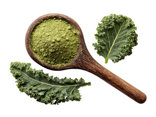 Wooden spoon holding a light green powder, with fresh kale leaves