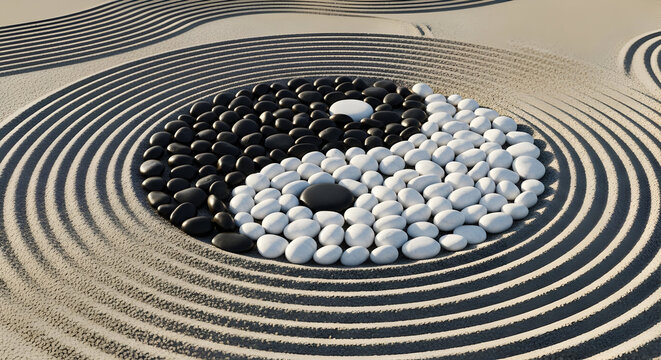 Yin and Yang Symbol Made with Stones in a Zen Garden with Sand Art Background