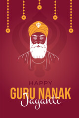 Happy Guru Nanak Jayanti Post and Greeting Card. Celebrating Birthday of Guru Nanak. Banner. Vector Illustration with Khanda Symbol and Festive Decorations. 