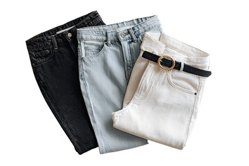 Three pairs of folded jeans in various shades, laid atop each other.  A black belt with a gold-toned buckle is visible on the light-cream pair