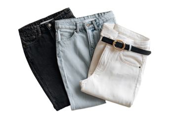 Three pairs of folded jeans in various shades, laid atop each other.  A black belt with a gold-toned buckle is visible on the light-cream pair