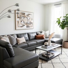 Modern and Elegant Living Room Interior with Grey Leather Sectional Sofa, Gold Geometric Wall Art, Contemporary Coffee Table, and Natural Decor Elements