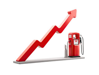 Red upward trend graph over a vintage gas pump