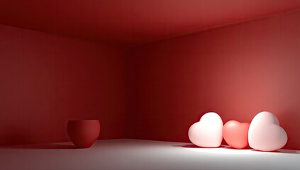 A red interior setting with three heart-shaped objects, highlighting a sense of romance and intimacy.