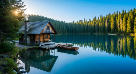 Obraz premium Picturesque Lake Cabin Retreat with Tranquil Waters and Forest Scenery