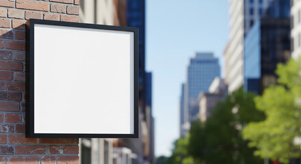 Fototapeta premium A blank square sign with a black frame mounted on a brick wall in a city street.