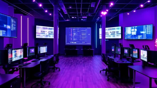 Neon lit computer lab with desks, monitors and chairs in empty space