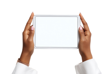 Hands holding a blank tablet,  displaying a white screen.  Female hands hold a modern tablet, a clear view of the device