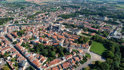 An aerial panorama view around the old town in the city Verdun in France on a sunny afternoon in early spring