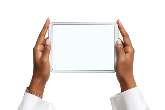 Hands holding a blank tablet,  displaying a white screen.  Female hands hold a modern tablet, a clear view of the device