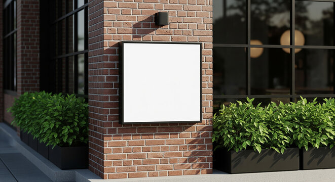 Blank square sign mounted on a red brick wall of a modern building with green bushes in planters, ready for custom branding.
