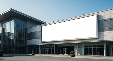 Naklejka premium A modern building exterior with a large blank white billboard on its facade, featuring glass windows and a clear blue sky.