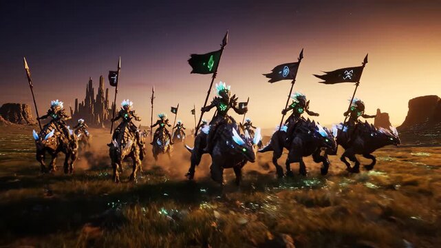 Futuristic armored warriors on glowing mounts charging across a sunset landscape
