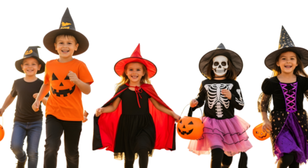 Happy children in Halloween costumes running with candy buckets on white background