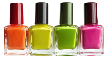 Four colorful nail polish bottles arranged horizontally