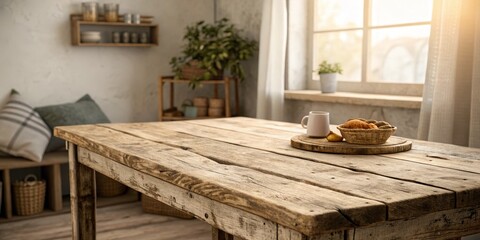 Rustic Wooden Table with Morning Light, Bread and Coffee, farmhouse , kitchen
