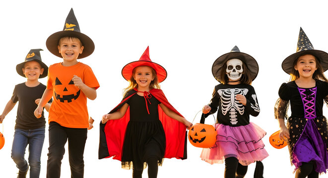 Happy children in Halloween costumes running with candy buckets on white background