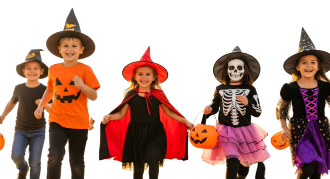 Happy children in Halloween costumes running with candy buckets on white background