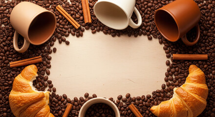 Overhead view of coffee beans, mugs, croissants, and cinnamon sticks arranged around a blank space, perfect for a breakfast or cafe theme.