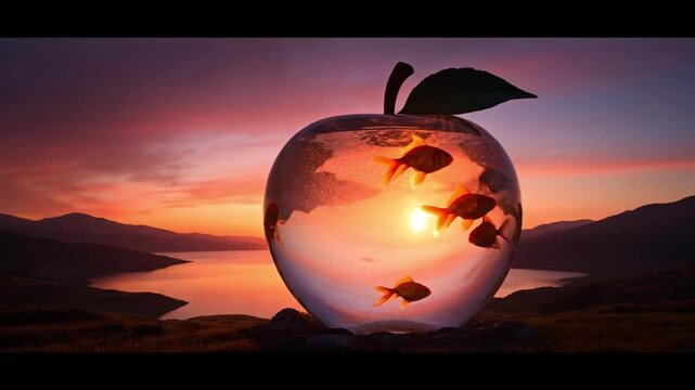 Conceptual artwork of goldfish swimming inside a glass apple world, symbolizing life and nature against a vibrant sunset