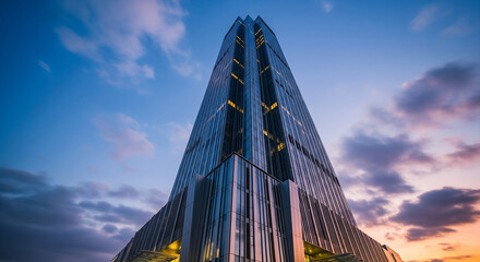 A modern glass skyscraper reaching into a vibrant sunset or sunrise sky with dramatic clouds and reflections.
