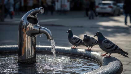 Vintage fountain pigeons sunlight glinting metal ornate curves warm shadows